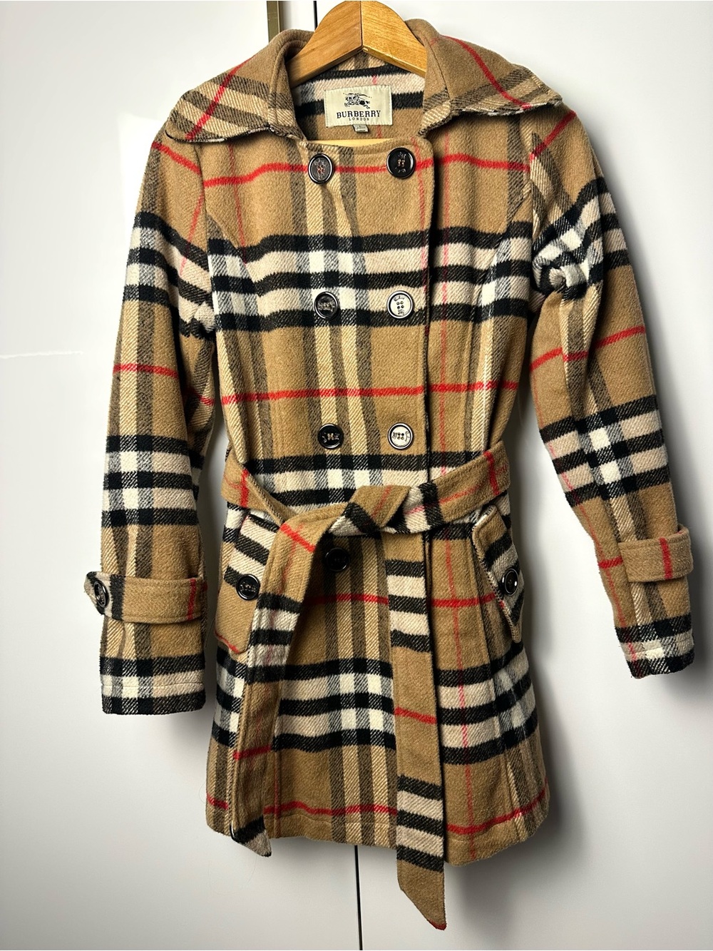 Vintage Burberry London Girls Nova Check Plaid Belted Coat Large